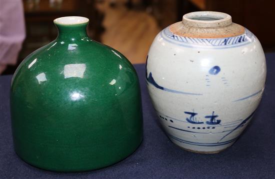 A Chinese blue and white landscape jar and a green glazed beehive-shaped water pot, 19th/20th century, 14 and 13.5cm